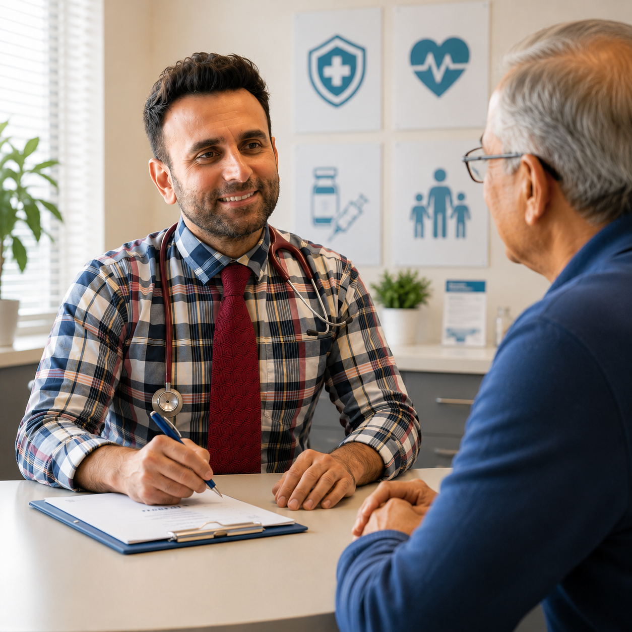 Healthcare professional checking an older adult patient's blood pressure