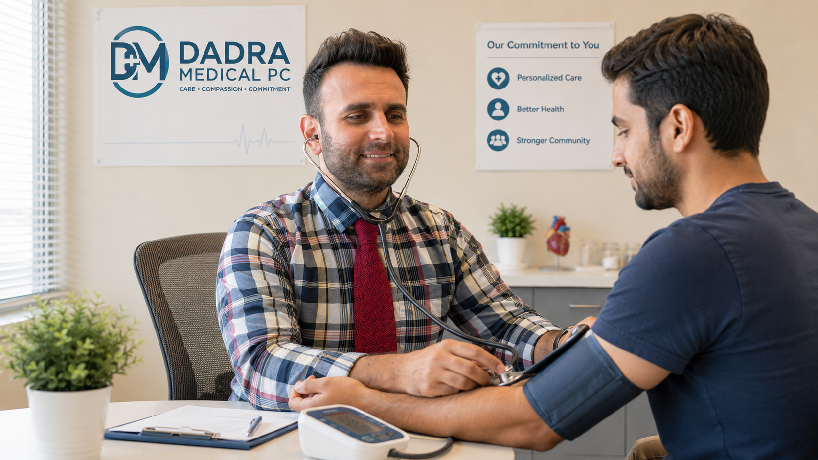 Doctor using a stethoscope during a complete physical exam with a patient